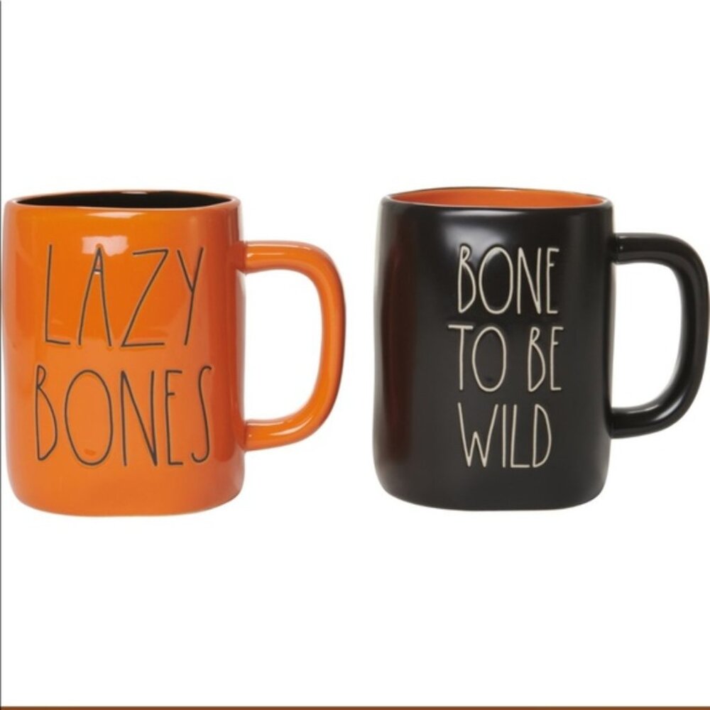 🎃NWT Rae Dunn “Lazy Bones” & “Bone To Be Wild” Mug Set 2-Pack Halloween LL